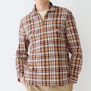 J. Crew Half Zip Pullon Shirt Jacket Large Yarn Dyed Cotton Canvas Plaid Pockets